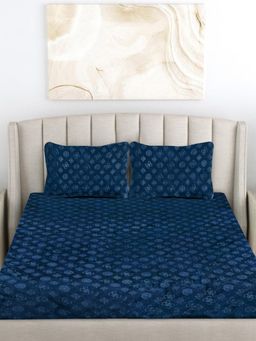 FABINALIV - Navy Blue Geometric Woollen Embossed King Size Fitted Double Bedsheet With 2 Pillow Covers
