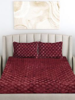 FABINALIV - Maroon Geometric Woollen Embossed King Size Fitted Double Bedsheet With 2 Pillow Covers
