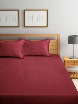 FABINALIV - Maroon Solid 300 Tc Woollen King Size Fitted Double Bedsheet With 2 Pillow Covers