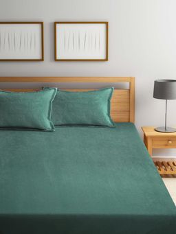 FABINALIV - Sunny Green Solid Woollen King Size Fitted Double Bedsheet With 2 Pillow Covers