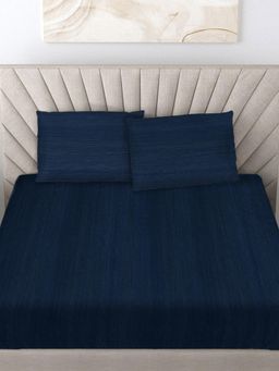FABINALIV - Navy Blue Striped Woollen King Size Fitted Double Bedsheet With 2 Pillow Covers