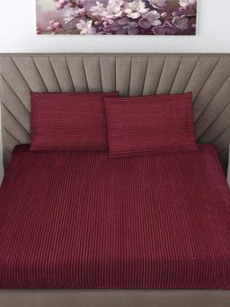 FABINALIV - Maroon Striped 300 Tc Woollen King Size Fitted Double Bedsheet With 2 Pillow Covers