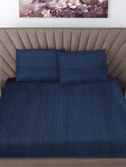 FABINALIV - Navy Blue Striped Woollen King Size Fitted Double Bedsheet With 2 Pillow Covers