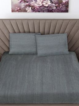 FABINALIV - Grey Striped 300 Tc Woollen King Size Fitted Double Bedsheet With 2 Pillow Covers