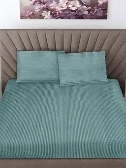 FABINALIV - Green Striped 300 Tc Woollen King Size Fitted Double Bedsheet With 2 Pillow Covers
