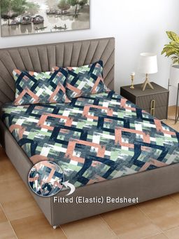 FABINALIV - Multicolor Geometric Woollen King Size Fitted Double Bedsheet With 2 Pillow Covers