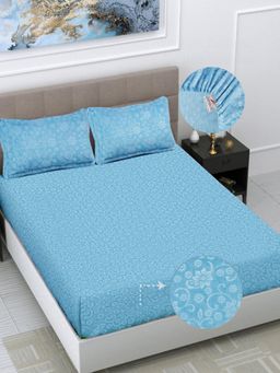 FABINALIV - Sky Blue Floral Woollen Embossed King Size Fitted Double Bedsheet With 2 Pillow Covers