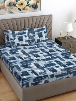 FABINALIV - Blue Abstract 300 Tc King Size Woollen Fitted Double Bedsheet With 2 Pillow Covers