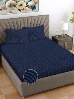 FABINALIV - Navy Blue Striped Woollen King Size Fitted Double Bedsheet With 2 Pillow Covers