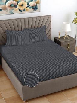 FABINALIV - Dark Grey Striped Woollen King Size Fitted Double Bedsheet With 2 Pillow Covers