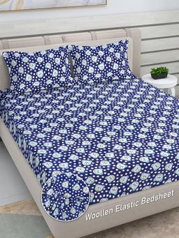FABINALIV - Navy Blue Cartoon Woollen King Size Fitted Double Bedsheet With 2 Pillow Covers