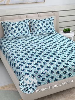 FABINALIV - Sky Blue Cartoon Woollen King Size Fitted Double Bedsheet With 2 Pillow Covers