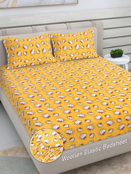 FABINALIV - Yellow Cartoon Woollen King Size Fitted Double Bedsheet With 2 Pillow Covers