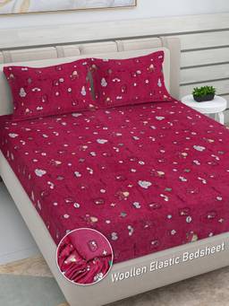FABINALIV - Pink Cartoon Woollen King Size Fitted Double Bedsheet With 2 Pillow Covers