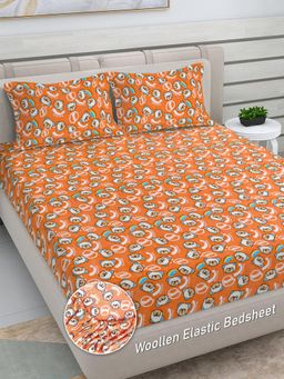 FABINALIV - Orange Cartoon Woollen King Size Fitted Double Bedsheet With 2 Pillow Covers