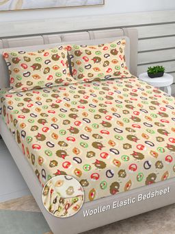 FABINALIV - Cream Cartoon Woollen King Size Fitted Double Bedsheet With 2 Pillow Covers