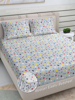 FABINALIV - Grey Cartoon Woollen King Size Fitted Double Bedsheet With 2 Pillow Covers