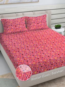 FABINALIV - Pink Cartoon Woollen King Size Fitted Double Bedsheet With 2 Pillow Covers