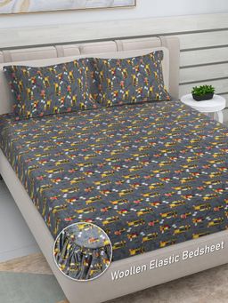 FABINALIV - Grey Cartoon Woollen King Size Fitted Double Bedsheet With 2 Pillow Covers