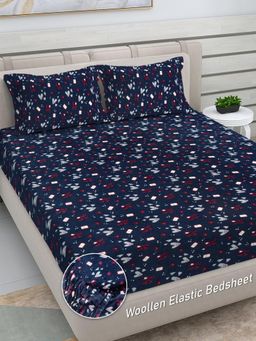 FABINALIV - Navy Blue Abstract Woollen King Size Fitted Double Bedsheet With 2 Pillow Covers