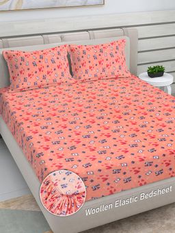FABINALIV - Peach Abstract Woollen King Size Fitted Double Bedsheet With 2 Pillow Covers