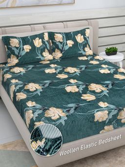 FABINALIV - Green Floral Woollen King Size Fitted Double Bedsheet With 2 Pillow Covers