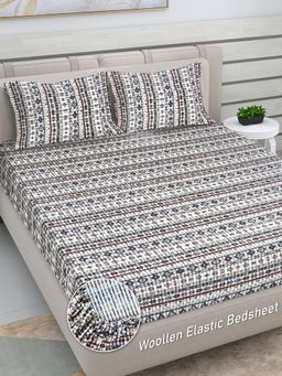 FABINALIV - Multicolor Ethnic Woollen King Size Fitted Double Bedsheet With 2 Pillow Covers