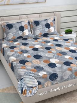 FABINALIV - Multicolor Geometric Woollen King Size Fitted Double Bedsheet With 2 Pillow Covers