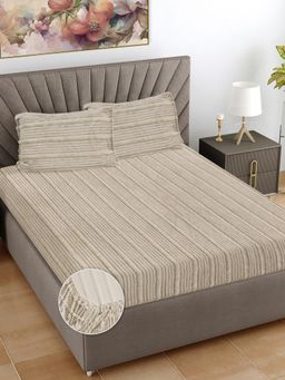 FABINALIV - Cream Striped Woollen King Size Fitted Double Bedsheet With 2 Pillow Covers