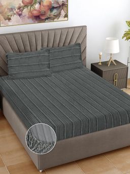 FABINALIV - Grey Striped Woollen King Size Fitted Double Bedsheet With 2 Pillow Covers