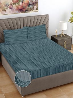 FABINALIV - Sky Blue Striped Woollen King Size Fitted Double Bedsheet With 2 Pillow Covers