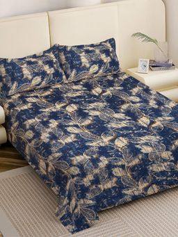 FABINALIV - Blue Floral Woollen King Size Fitted Double Bedsheet With 2 Pillow Covers