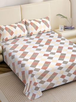 FABINALIV - Orange Geometric Woollen King Size Fitted Double Bedsheet With 2 Pillow Covers