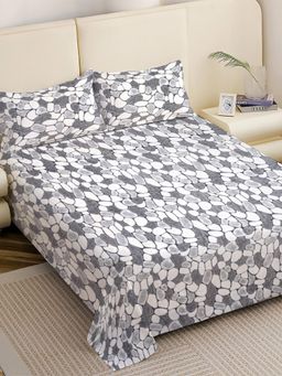 FABINALIV - Grey Abstract Woollen King Size Fitted Double Bedsheet With 2 Pillow Covers