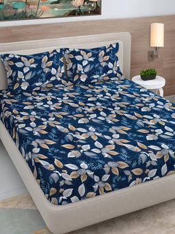 FABINALIV - Blue Floral Woollen King Size Fitted Double Bedsheet With 2 Pillow Covers