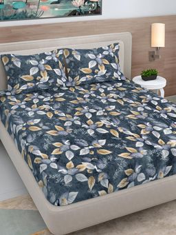 FABINALIV - Grey Floral Woollen King Size Fitted Double Bedsheet With 2 Pillow Covers