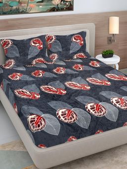 FABINALIV - Dark Grey Floral Woollen King Size Fitted Double Bedsheet With 2 Pillow Covers