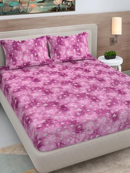 FABINALIV - Pink Abstract Woollen King Size Fitted Double Bedsheet With 2 Pillow Covers