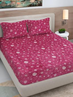 FABINALIV - Red Floral Woollen King Size Fitted Double Bedsheet With 2 Pillow Covers