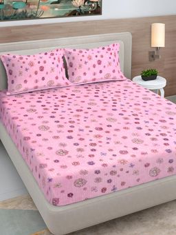 FABINALIV - Pink Floral Woollen King Size Fitted Double Bedsheet With 2 Pillow Covers