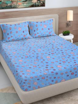 FABINALIV - Blue Floral Woollen King Size Fitted Double Bedsheet With 2 Pillow Covers