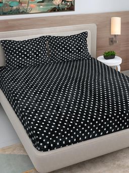 FABINALIV - Black Polka Dot Woollen King Size Fitted Double Bedsheet With 2 Pillow Covers