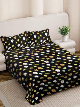 FABINALIV - Black Cartoon Print Woollen King Size Fitted Double Bedsheet With 2 Pillow Covers