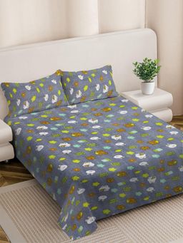 FABINALIV - Grey Cartoon Print Woollen King Size Fitted Double Bedsheet With 2 Pillow Covers