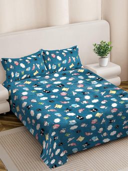 FABINALIV - Turquoise Cartoon Print Woollen King Size Fitted Double Bedsheet With 2 Pillow Covers
