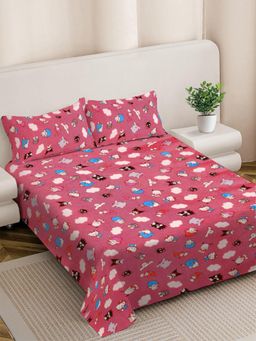 FABINALIV - Pink Cartoon Print Woollen King Size Fitted Double Bedsheet With 2 Pillow Covers