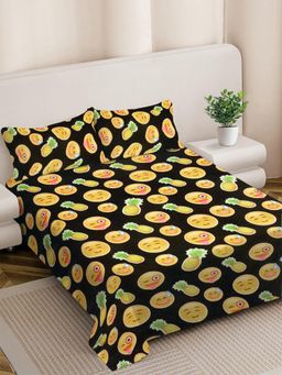 FABINALIV - Black Cartoon Print Woollen King Size Fitted Double Bedsheet With 2 Pillow Covers