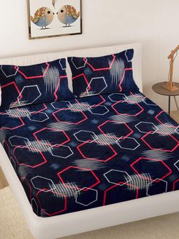 FABINALIV - Blue Geometric Woollen King Size Fitted Double Bedsheet With 2 Pillow Covers