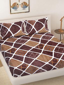 FABINALIV - Brown Geometric Woollen King Size Fitted Double Bedsheet With 2 Pillow Covers