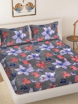 FABINALIV - Grey Floral Woollen King Size Fitted Double Bedsheet With 2 Pillow Covers
